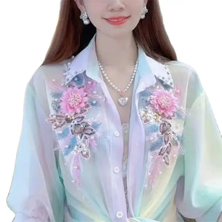 Sleeves Rainbow Thin Loose Chiffon Shirt