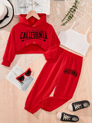 Ins Children's Clothing Girls' Hooded Sweatshirt Suspender Sweatpants 3-Piece Casual Trousers+Vest+Short Sweatshirt Kids Suit for 1-8Y