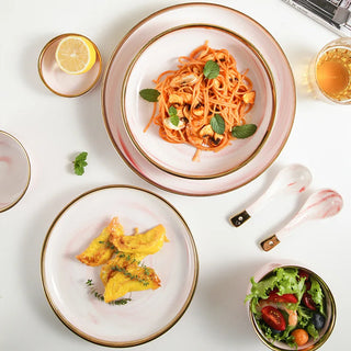 Pink Gilded Marble PatternPorcelain Dinner Plate Salad Noodles Bowl Spoon Ceramic Kitchen Tableware 1Set