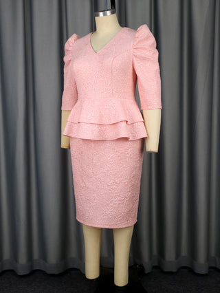 Puff Sleeves Jacquard Midi Dress