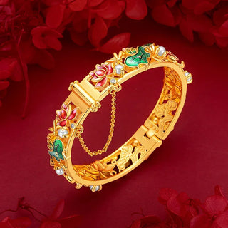 Exclusive 9999 Real 24K Yellow Gold Large Ethnic Enamel Lotus Bracelet with Pearl Lotus Buckle