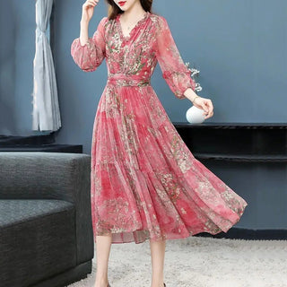 Silk V - neck High - end Midi Mulberry Silk Dress - Epictzar Intl.