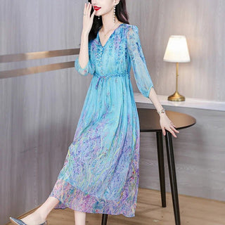 Floral Ruffled Silk Midi Elegant Party Dress - Epictzar Intl.
