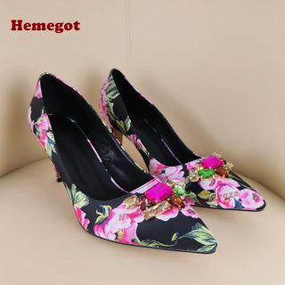 Pointy Toe Flower Print Gemstone Pumps