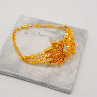 Women's 24K Gold Leaf-Shaped Set (Necklace/Earrings/Bracelet/Ring), AU999 Hammered with textured leaves,symbolizing life's cycle