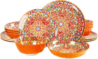 Mandala Dinnerware Sets (16 PCS) Serves for 4, Buffet Dinnerware, Boho Plates and Bowls Set with 8.3" salad Plate 8.6"/10.6"dinn