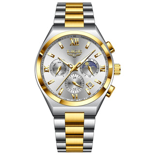 LIGE Luxury Man Watch Waterproof Calendar Business Quartz Wristwatch Fashion Moon Phase Gold Stainless Steel Men Watches Clock