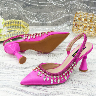 Venus Chan Fuchsia Color Pointed-Toe High Women Heels Shoes and Bags for Women Rhinestone Evening Party Elegant Luxury Handbag