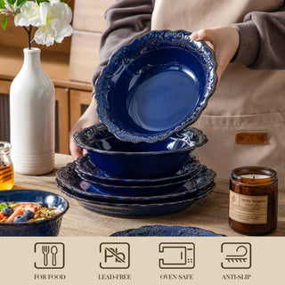 MALACASA 16 Piece Relief Blue Reactive Glaze Plates Dinner Sets Ceramic Dinnerware Set with 4 PCS Dinner Plate/Dessert/Bowl/Soup
