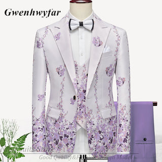 G&N 2023 New Series Men Suits Blazer Beautiful Lilac Purple Floral Pattern Tuxedos 3 Pieces Formal Party Costume Homme Slim Fit