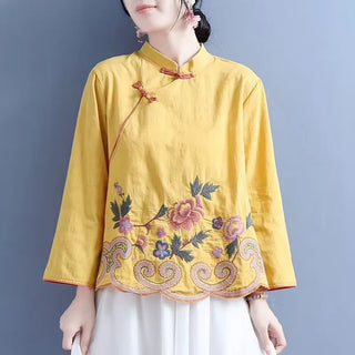 Stand-up Collar Cotton Embroidered Blouse