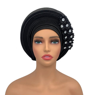 New African Headtie Turban Nigeria Head Ties with Flowers Already Made Auto Gele Women Head Wraps for Wedding Party