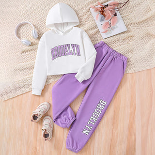 Girls' Autumn Children's 8-12 Y Fashion Sports White Letter Printed Hoodie+Purple Printed Pants 2-piece Set