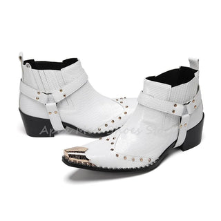 Men's Western Thick Heel Ankle Boots White Snake Skin Leather Metal Toe Rivet Decorated Handmade Buckle Strap Dress Shoes