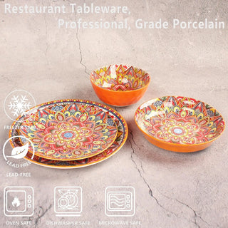 Mandala Dinnerware Sets (16 PCS) Serves for 4, Buffet Dinnerware, Boho Plates and Bowls Set with 8.3" salad Plate 8.6"/10.6"dinn