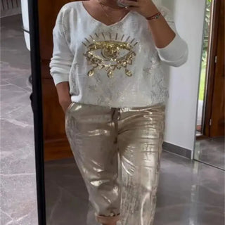 Plus-size suit women's casual fashion metal eye decoration long-sleeved shirt casual pants plus-size women's clothing