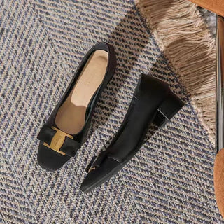 New Temperament Elegant Fashion High-heeled Shoes Women's Shoes Spring Bow Mid-heel Leather All-match Thick-heeled Shoes