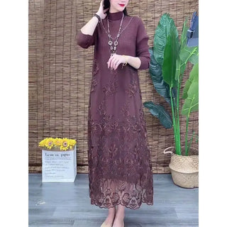 Elegant Floral Embroidered Patchwork Knit Dress Women Autumn Long Sleeve High Neck Beaded A-Line Party Midi Dresses Robe 633B