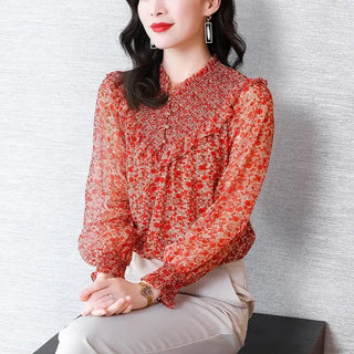 Elegant Vintage Chiffon Ruffled Neck Blouse