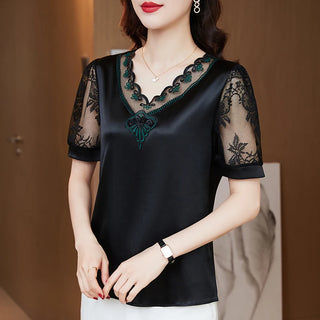 Satin Lace Floral Stitching V neck Blouse