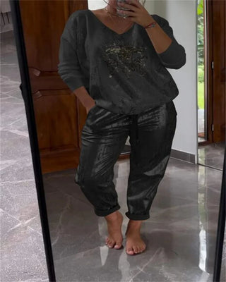 Plus-size suit women's casual fashion metal eye decoration long-sleeved shirt casual pants plus-size women's clothing