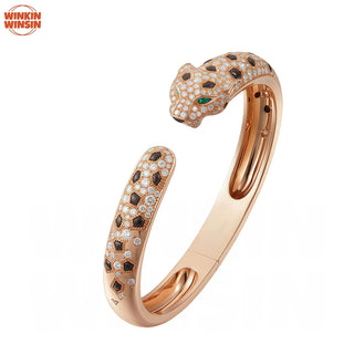 Winkin Winsin Brand Designer 925 Sterling Silver Cuff Bangle For Women Carbon Diamond Cheetah Leopard Bangles Bracelet Jewelry