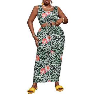 Nupusa Rose & Zebra Print Two - Piece Set for Women Plus Size Summer Casual Sleeveless Crop Top & Maxi Skirt Outfit