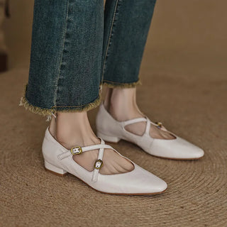 British Women Leather Strap Buckle Flats
