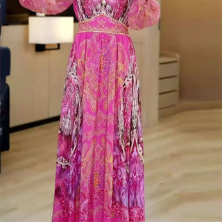 Casual Women's Printed Holiday Dress Spring New Fashion Patchwork V-Neck Puff Sleeve Bohemia Elegant Midi Party Vestidos 141B