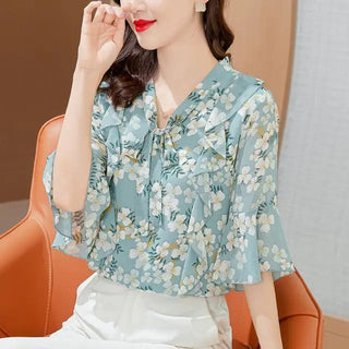 Floral Chiffon Flared Sleeves Blouse