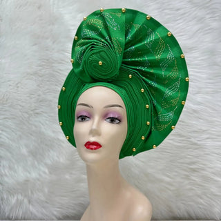 Gold African Headtie Elegant For Woman Nigerian Gele Already Made Auto Gele Turban Big Brim Party Headtie 1pcs/pack
