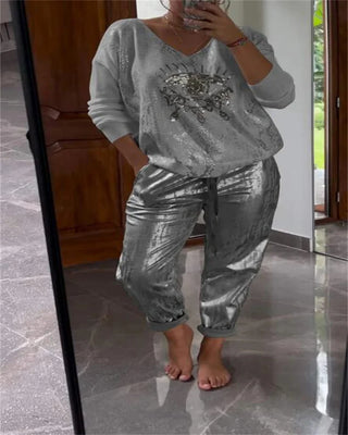Plus-size suit women's casual fashion metal eye decoration long-sleeved shirt casual pants plus-size women's clothing