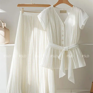 White Chiffon Women's Set Soft A-Line Pleated Long Skirt Short Sleeve Blouse Belt Single Breasted Shirts Suit 2 Piece Sets