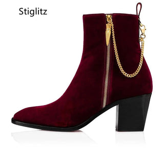 Suede Ankle Boots Gold Chain High Heels Shoes for Men Side Zipper Men Chelsea Boots Genuine Leather Black Red Boots Real Picture