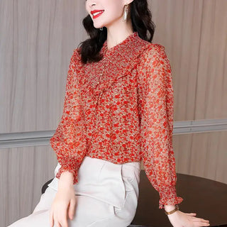 Elegant Vintage Chiffon Ruffled Neck Blouse