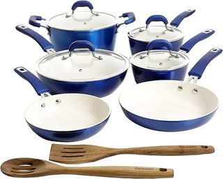 Arlington Nonstick Ceramic Coated Forged Aluminum Induction Cookware with Bakelite Handles, 12-Piece Set, Metallic Blue