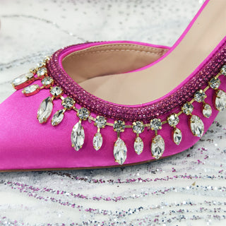 Venus Chan Fuchsia Color Pointed-Toe High Women Heels Shoes and Bags for Women Rhinestone Evening Party Elegant Luxury Handbag