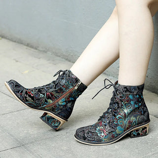 Women's Floral Print Block Heel Booties