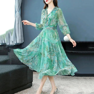 Silk V - neck High - end Midi Mulberry Silk Dress - Epictzar Intl.