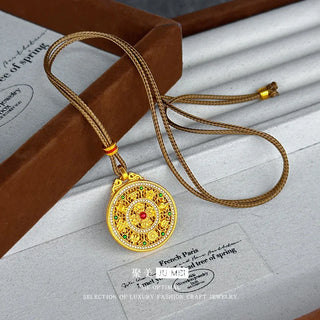 9999 24K real gold enamel ancient filigree pendant for women inlaid with diamond eight treasure compass palace style necklace