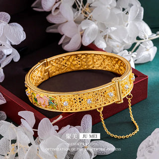 Luxury 24K 9999 Pure Gold real gold Women's Bracelet with Filigold and Rich Pearl