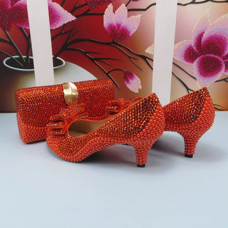 BaoYaFang Orange crystal Bridal Wedding shoes and purse for Women Pearl Rhinestone High Pumps shoes female Round Toe High Pumps