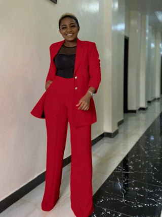 Business Women Suits Blazer Sets 2 Piece Fall Winter Formal Pink Jacket Wide Leg Pants Outfits Suit Elegant
