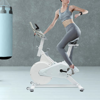Indoor Fitness Bike White, 4kg Flywheel, Wool Pad Silent Braking, Adjustable Seat/Handle, LCD Display, 80kg Capacity