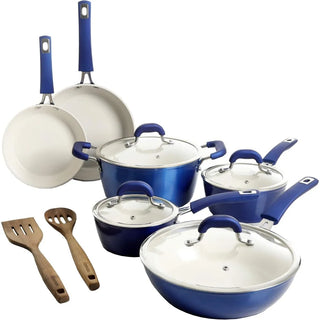 Arlington Nonstick Ceramic Coated Forged Aluminum Induction Cookware with Bakelite Handles, 12-Piece Set, Metallic Blue