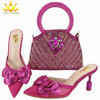 Orange Color New Arrivals Italian Design Nigerian Women Shoes and Bag Set Pointed Toe Slipper with Shinning Crystal for Party