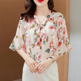 Floral Chiffon Flared Sleeves Blouse