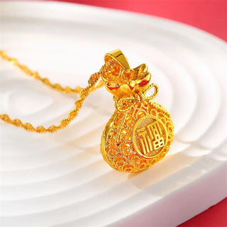 Fashion AU999 Real Gold Lucky Bag Pendant Necklace for Women 24K Gold Retro Hollow Money Bag Pendant Clavicle Chain gift