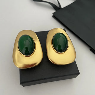 Oval design large crystal vintage earrings, dark green and dark red ear clips