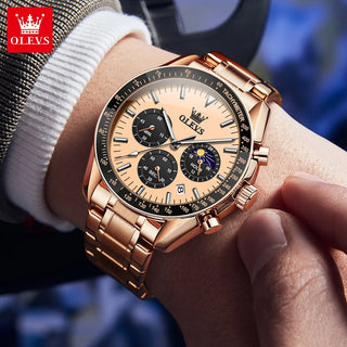 OLEVS Brand New Luxury Rose Gold Quartz Watch Men Stainless Steel Waterproof Luminous Date Moon Phase Chronograph Watches Mens